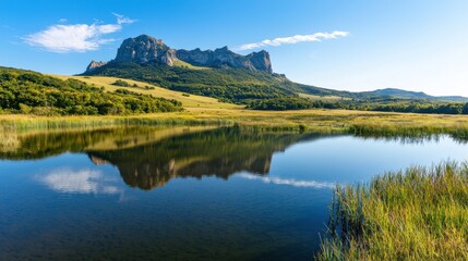 Obraz premium A scenic shot of a tranquil lake reflecting a mountain range, high clarity