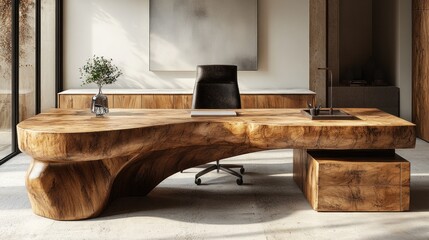 Modern minimalist office with large live-edge wood desk, leather chair, and natural light.