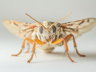 Fototapeta premium Close-up of a moth with orange legs and patterned wings on a white background