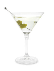 Martini cocktail with olives in glass isolated on white