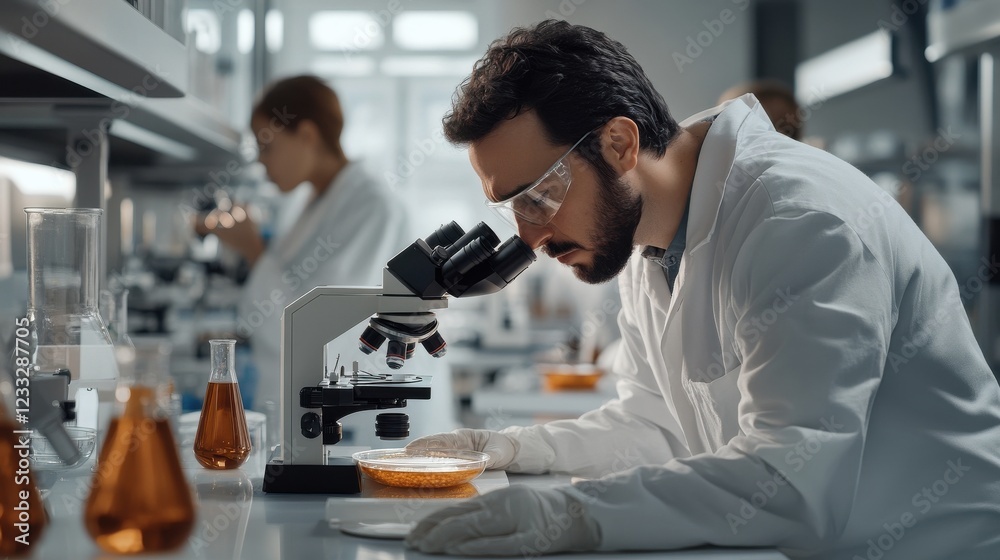 Poster a scientist examining a petri dish under a microscope in a bright laboratory