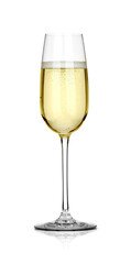 Champagne in glass isolated on white. Sparkling wine
