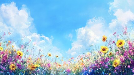 Vibrant Meadow of Colorful Flowers Under a Bright Blue Sky With Fluffy White Clouds