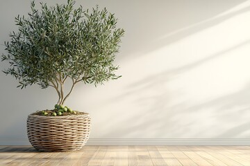The 3D depiction of a living room includes a green olive tree in a wicker basket set on a wooden floor, with an empty white backdrop functioning as a wall mockup.
