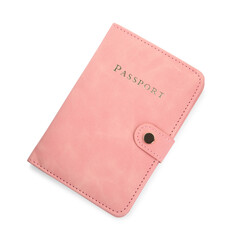 Passport in pink cover isolated on white, top view
