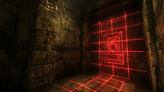 A glowing laser grid security system protecting an ancient treasure in a hidden vault