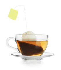 Brewing aromatic tea. Cup with teabag isolated on white