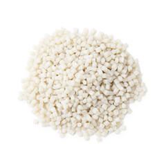 Pile of plastic granules isolated on white, top view