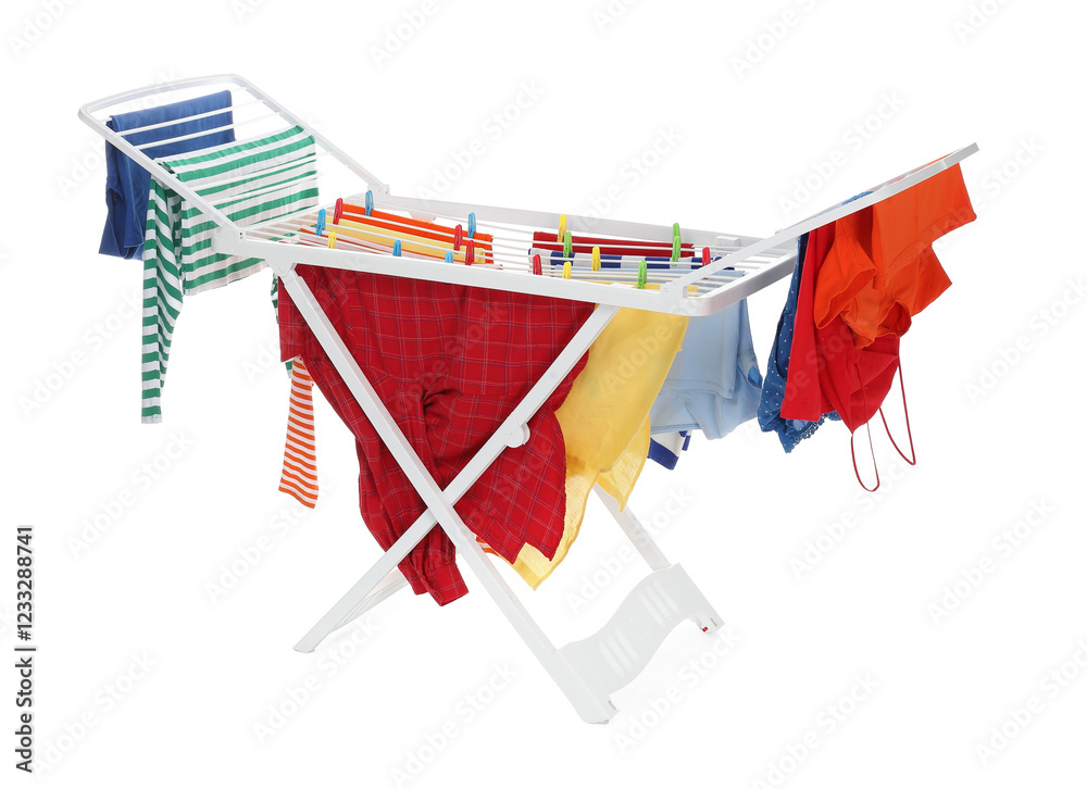 Wall mural Drying rack with fresh clean laundry isolated on white