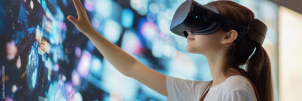 Poster a student engaged in virtual reality learning with a wide interactive environment