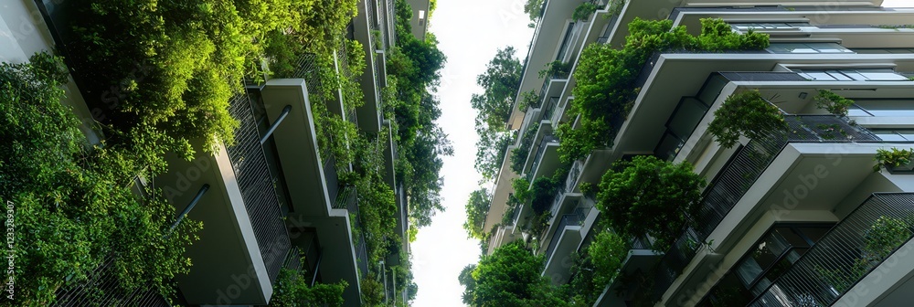 Poster a sustainable housing project with wide green spaces between buildings