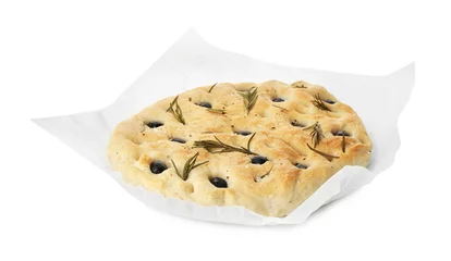 Fototapeten Brot Delicious focaccia bread with olives and rosemary isolated on white  © New Africa