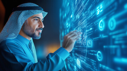 Tech expert engages with digital tool in modern space