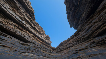 Fototapeta premium Coastal cliff chasm, blue sky, layered rock, geological formation, travel backdrop