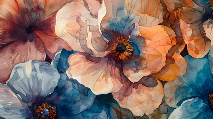 A vibrant watercolor painting of assorted flowers in soft hues.