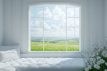 Fototapeta premium The 3D-rendered Scandinavian minimalist living room presents a white color scheme, including a sofa and a window that offers a view of a serene summer landscape.