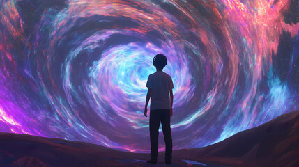 Fototapeta premium Exploration of a Vibrant Cosmic Vortex in an Abstract Virtual Reality Inspired Setting. Generative AI