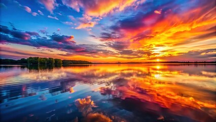A beautiful sunset landscape with vibrant colors reflecting on the water, sunset, landscape, nature, background, wallpaper