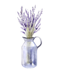 A bouquet of lavender in a glass decanter. Watercolor illustration isolated on transparent background.. Rustic design.