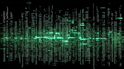 Fototapeta premium Digital Cityscape with Green Binary Code Flowing on Dark Background