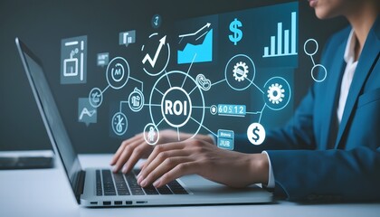 Businessman’s hands typing on a sleek laptop computer with various business-related digital icons flowing - Business concept
