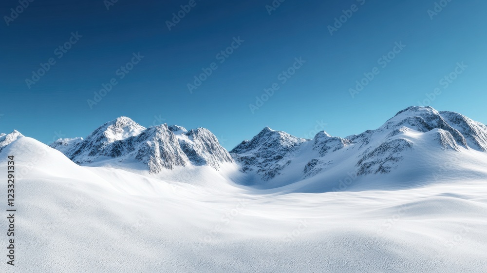 Poster an expansive view of a mountain range blanketed in snow under a clear blue sky.