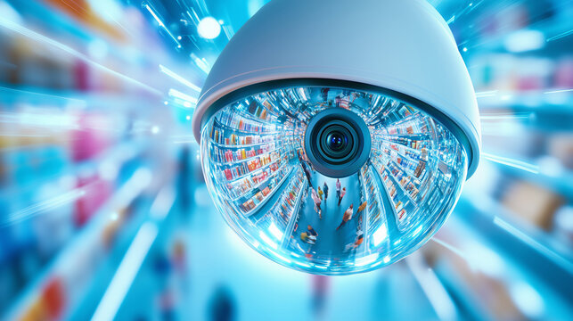 Security camera monitoring activity in a vibrant space