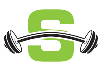 Initial Letter S Gym Logo Design Concept With Straight and Curved Barbell Symbol. Fitness Sign, Bodybuilding, Workout Vector