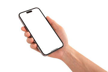 Hand showing smartphone with blank screen isolated. Business, Finance and Technology concept.