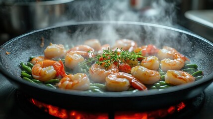 Sizzling Shrimp with Green Beans in a Dark Pan