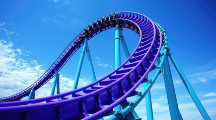 A vibrant roller coaster track soaring against a clear blue sky, inviting thrill-seekers.