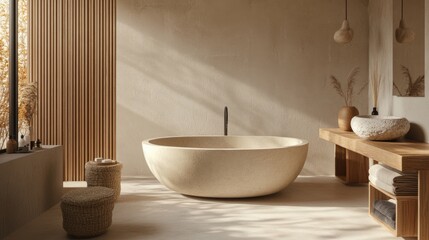 Fototapeta premium Modern Bathroom Design with Stone Bathtub and Wooden Accents