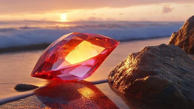 Bright ruby gemstone resting on sandy beach at sunset with ocean waves in the background
