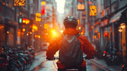 Obraz premium Cyclist rides city street sunset, bokeh background, urban commute