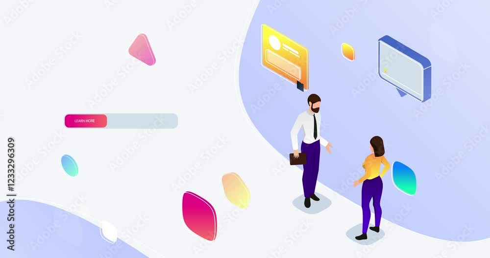 Poster landing page design. moving banner with business partners analyzing statistics or big data and devel