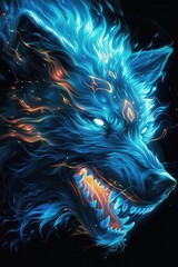 Naklejka premium Fiery wolf head engulfed in blue flames. Glowing teeth and dramatic lighting. Perfect for t-shirt prints. Animal art.