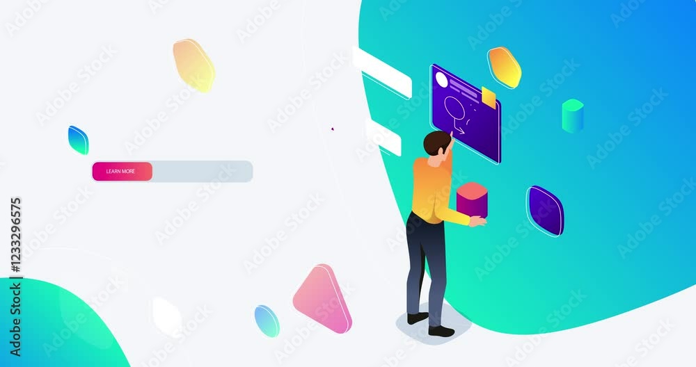 Poster app development. moving banner with male programmer writing code or script for digital product. info