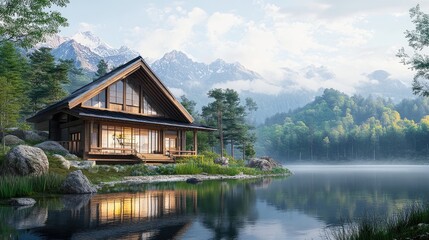 Japanese wooden house with lake and mountains concept art