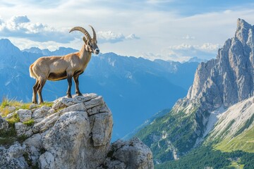 Obraz premium Majestic Ibex Standing on Rocky Cliff Overlooking Scenic Mountains