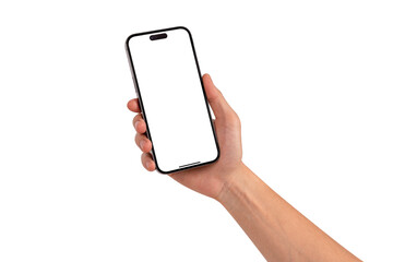 Hand showing smartphone with blank screen isolated. Business, Finance and Technology concept.