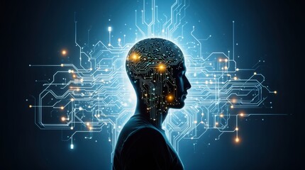 Ordinary human portrait with detailed brain expressed as electronic patterns against futuristic scene 