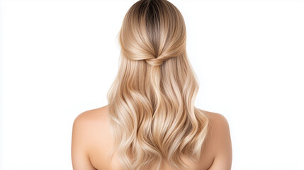 Blonde woman with long wavy hair styled elegantly in a half-up twist against a white background.