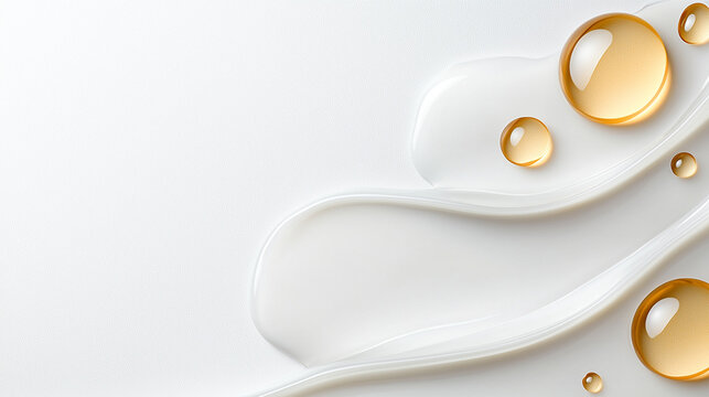 Aesthetic close-up of white cream and golden cosmetic oil droplets on a smooth white background.