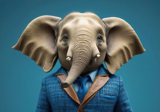 Antropomorfismo, elefante, vestimenta, a la moda, peinado, retrato