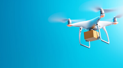 Drone delivers package in clear blue sky