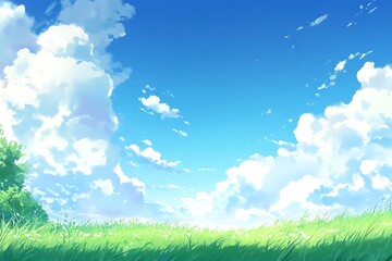 Serene Summer Meadow with Fluffy Clouds
