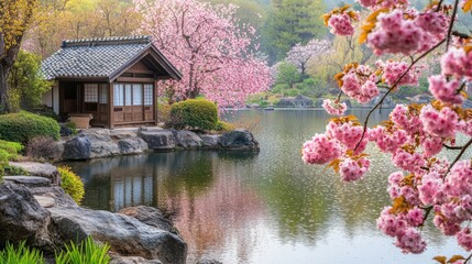 Japonese garden with cherry blossom, sakura, with water lake and japonese houses