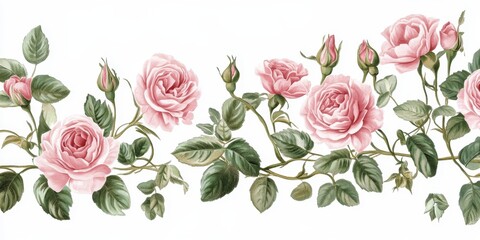 A beautiful frame of elegant pink roses and fresh green leaves, creating a sophisticated and timeless look on a white backdrop.