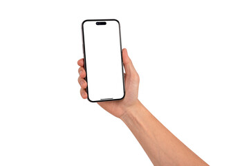 Hand showing smartphone with blank screen isolated. Business, Finance and Technology concept.