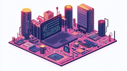Laptop Coding Cityscape Data Center Visualization
